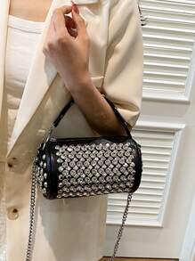 女士水桶包，时尚闪亮水钻点缀优雅浪漫迷人派对手提包，单肩/斜挎包黑色 - 黑色 - 查看 4