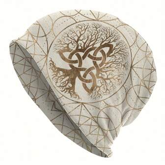 1pc Casual Street Style Tree Of Life Print Visorless Beanie Hat, Thin & Stretchy Polyester/Spandex, All Season
