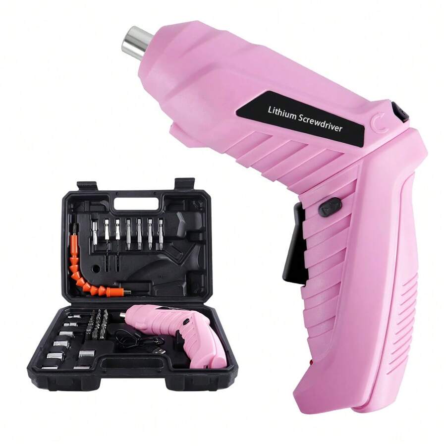Electric Screwdriver Cordless Rechargeable Pink Small Power Drill Set 3.6V Li-Ion 3.5N.M Max Torque Electric Rotatable With Case LED Light Screwdriver For Home Office DIY Tools Tools - 47pcs - View 1