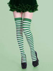 3pcs/1pair Women Green Striped Clover Over-The-Knee High Socks, Suitable For Performance, St. Patrick's Day, Y2k, Cozy