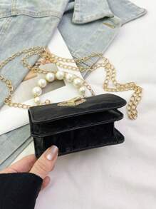 Mini Pearl Embellished Girls Handbag With Shoulder Strap - Black - View 4