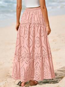 Women's Casual Lace Embroidery Eyelet Elastic High Waist Tiered A-Line Flowy Long Skirt Summer Boho Bohemian Beach Spring Holiday Vacation Going Out Valentine Long Maxi Skirt Outfits - 粉色 - 查看 2