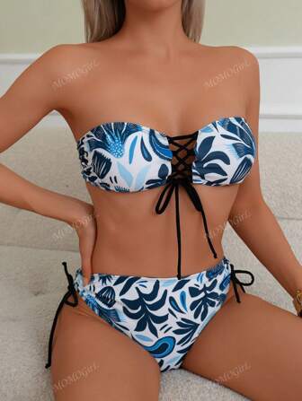 Botanical Printed Criss-Cross Bikini Swimsuits, Versatile For Beach Wear