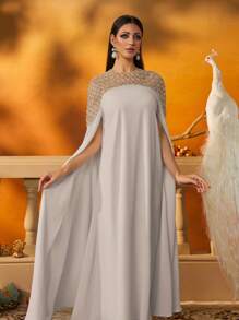 AmazingHoney Robe caftan à manches longues élégante avec décorations perlées lourdes, abaya longue de luxe pour femmes, robe modeste, robes arabes pour femmes