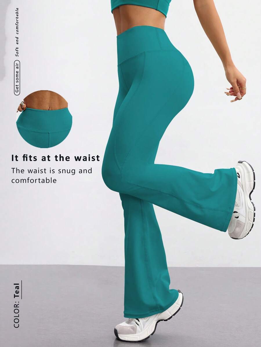 FWH 时尚休闲简约提臀蜜桃臀时尚优雅街头复古显瘦低调奢华拉长腿部线条经典简约高端显瘦高腰百搭喇叭裤新款欧式束腰健身阔腿瑜伽裤紧身裤 - 綠色 - 查看 1