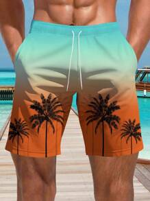 Men's 3D Palm Tree Ombre Print Hawaiian Beach Shorts,Hawaiian - Orange - View 3
