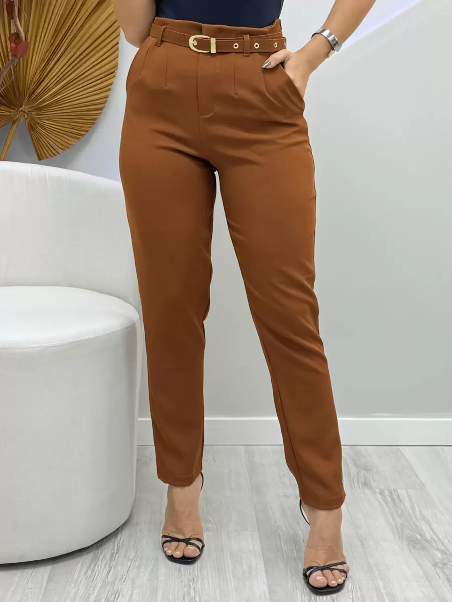 Women's Tailored Trousers With BeltSimpleCasualElegantFabricPocketZipper - 鏽棕色 - 查看 1