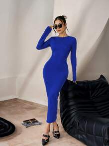 Long Sleeve Midi DressPlainElegantSLAPPETSRibbed - Blue - View 1