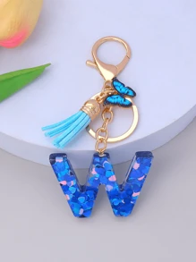 1pc Women's Initial Letter Black Butterfly Glitter Crystal Resin Epoxy Keychain With Butterfly Tassel Decor