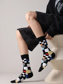 2 Pairs Abstract Pixel Geometric Versatile Breathable Mid-Calf Socks, All Season - Black and White - View 1