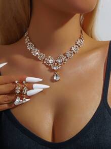 3 件新娘首饰套装：项链、耳环、水晶镶嵌配饰，适合婚纱、宴会礼服 - 彩色 - 查看 11