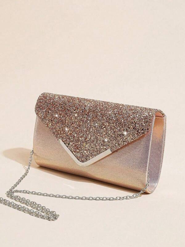 1pc Glitter Hand Carry Evening Clutch Bag, Can Be Worn As Shoulder Or Crossbody. The Bag Body Is Made Of Glittery Fabric, The Flap Is Covered With Shiny Sequins. Shines Brilliantly Under Light, Eye-Catching Design. The Rest Of The Bag Body Is Made Of Lustrous Material, Premium Quality.