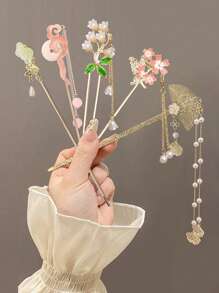 5pcs/1pc Alloy Hair Accessories Sakura Hairpin Hanfu Hair Stick Tassel Cheongsam Bun Clip - Premium Design, Minimalist Elegant, Alloy Material, Easy To Use, Beautiful Gift Hair Styling Pins Hair Bun Maker Bun Hair Piece, School Stuff