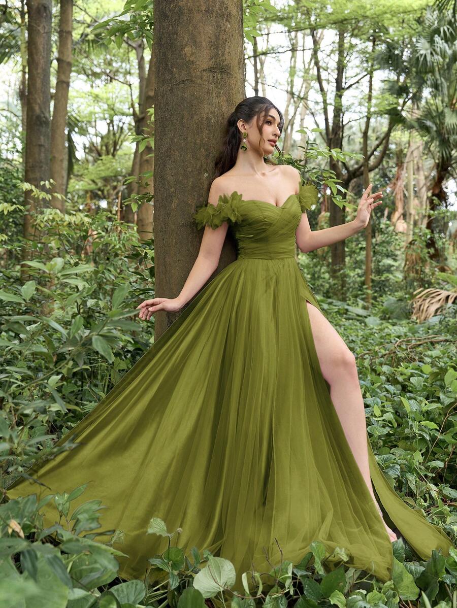 Đầm dạ hội Faeriesty Luxe sang trọng, trễ vai, chất liệu lưới, xẻ tà cao | Thích hợp cho các buổi dạ tiệc trang trọng, đám cưới theo phong cách rừng xanh và các buổi khiêu vũ lớn.