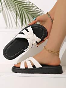 女士平底时尚凉鞋，新款编织图案厚底柔软防滑简约罗马沙滩鞋，夏季 - 白色 - 查看 5