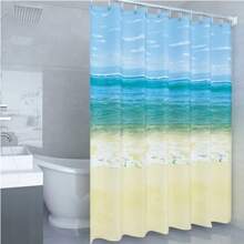 1pc Anti-Mildew Waterproof Peva Blue Beach Themed Shower Curtain With Metal Eyelets + 12 Shower Curtain Rings Included Bathroom Decor Fall Decor Bathroom Accessories Back To School - Blue - View 1
