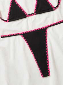 New Summer Beach Sexy Crinkle Hibiscus Red Flower Bud Thong Micro Triangle Bikini Set - Black - View 7