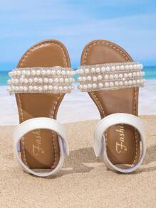 女童夏季凉鞋，女童白色鞋子，女童校鞋，优雅珍珠白，适合海滩、度假、日常穿着，平底凉鞋 - 白色 - 查看 1