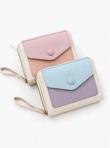 Candy Color Women's Short Wallet, Fresh Minimalist PU Colorblock Accordion Card Holder, Macaron Color Clutch Bag, Coin Purse Zipper Bag - Multicolor - View 6