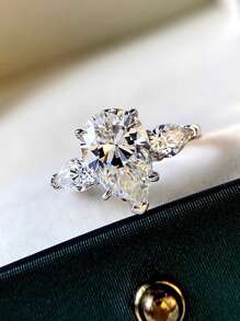 1枚925纯银经典闪耀三石戒指，订婚戒指，结婚戒指，女士承诺戒指，永恒戒指，精致珠宝礼品 - 銀色 - 查看 7