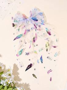 1 件女孩薄纱蝴蝶结发夹 - 可爱彩色铅笔和字母印花设计，带有超大飘逸尾巴，闪亮儿童发夹，学校季节发饰，派对趣味礼物，开学第一天