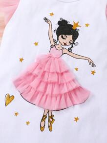 Vestido de niña pequeña para verano, con estampado de niñas de baile, parche de malla con volantes