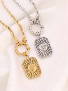 1pc Stainless Steel Moon Pendant Necklace For Women Fashion Engraved Square Charms Twist Chain Necklaces Jewelry Gift