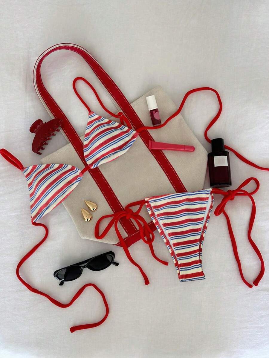 PEPPERMOLLY New Soft Stripe Terry Cloth Adjustable Strappy Crisscross Back Sexy Bikini Set, Summer Beach Fashion Swimwear For Women