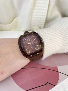 1 件女士休闲简约时尚桶形硅胶表带石英机芯腕表，适合日常佩戴 - 棕色 - 查看 4