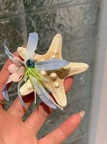 1pc Ocean Theme Hair Clip With Faux Flower, Starfish And Shell Decor Hair Accessory, Double-Sided Flower Hair Claw Clip, Suitable For Daily Life, Vacation, Party Hair Jaw Clip