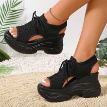 Damen Keilsandalen Einfarbig, Lässig Plateausandalen mit offenem Zeh, Sommer Schnürsandalen, modische Sportschuhe - Schwarz - Übersicht 3