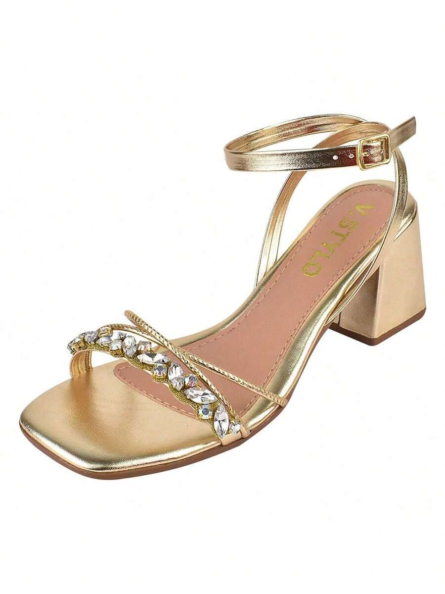 Elegant Geometric Stonework Chunky Block Heel Sandal - Gold - View 1