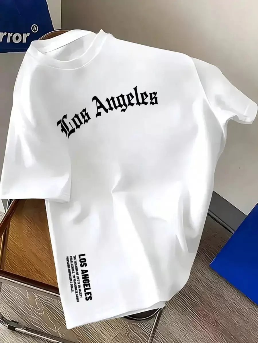 Men's Los Angeles T-Shirt Side Detail Phrase Driven By Challenges 100% Cotton Shirt Fashion Streetwear Premium Mesh - trắng - Xem 1