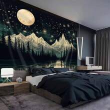 1pc Artistic Concept Green Forest Fog Mountain - Large Size Decorative Tapestry For Living Room, Bedroom, Office, Party Background Decoration, Family Room Decoration, Holiday Gift, Creative Fog Mountain Artistic Concept Forest Starry Sky Art Unique Aesthetic Decorative Tapestry, Easy To Install
