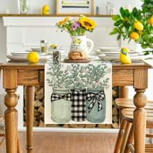 1pc Eucalyptus Leaves And Floral Pattern Table Runner, Decorative Spring Seasonal Kitchen Dining Table Decor For Home Gathering - Green - View 8