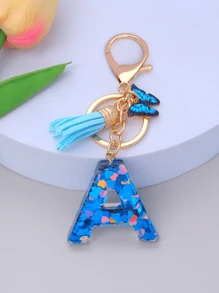 1pc Women's Initial Letter Black Butterfly Glitter Crystal Resin Epoxy Keychain With Butterfly Tassel Decor