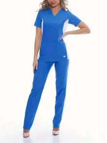 Ensemble de tenue uniforme avec Top à col V bicolore à manches courtes et pantalon pour femmes