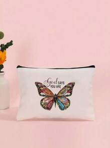 1pc Christian Makeup Bag, Jesus Printed Cosmetic Bag, God Letter Printed Makeup Bag, Faith Conquers Fear Christian Print Cosmetic Bag, Zipper Versatile Storage Bag, Christian Gifts For Women Girl,Christian Gift Bags, Inspirational Gifts For Women Girls,Thank You Gift Makeup Bag, For Travel Business,Vacation,Daily,Sports,Fitness,Beach Make Up Bag - Beige - View 2