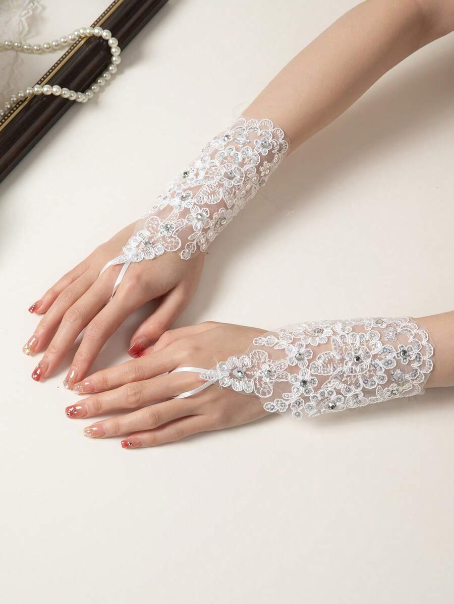 1 Pair Women's Rhinestone Embroidered Lace Fingerless Bridal Gloves - White - View 1