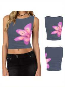 Women's Flower Print Crop Vest Summer Sleeveless Round Neck Slim Fit Tank Tops - Dark Grey - View 2