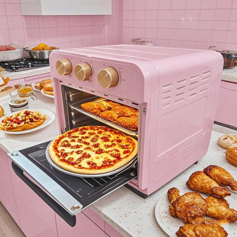 15QT- Large Countertop Oven, Air Fryer Toaster, Combined, Broil, Bake, Broil, Reheat, No Frying, Stainless Steel, Visible Window, Healthy Cooking, Space Saving Design, Pink - 美規B型插(110-127V) - 查看 1