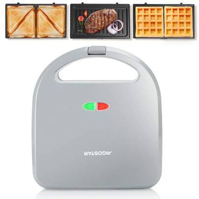 1 pezzo Tostiera/Piastra per waffle/Pressa per panini 3 in 1, elettrodomestico multifunzione per la colazione, 750W, rivestimento antiaderente, riscaldamento uniforme su entrambi i lati, piastre rimovibili, manici freddi al tatto, conservazione verticale, colore grigio argento