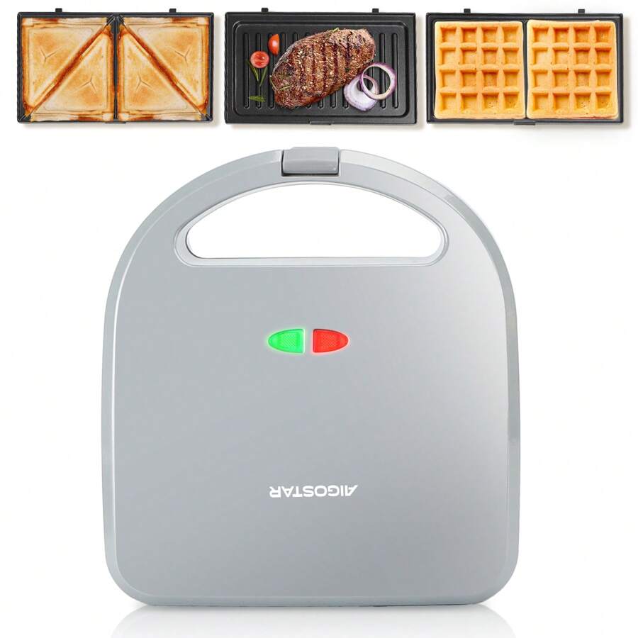 1 pieza Máquina 3-en-1 para hacer sándwiches/waffles/panini, electrodoméstico multifunción para el desayuno, 750W, revestimiento antiadherente, calentamiento uniforme de doble cara, placas extraíbles, mangos de tacto frío, almacenamiento vertical, color gris plata - Ver 1