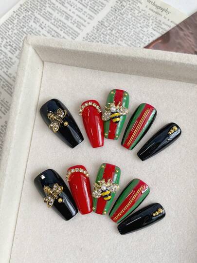 10pcs Long Pressed Fake Nails, Spring/Summer Manicure, Black, Red, Green Contrast Color Nail Art DIY, Eye Pattern Design, Silver Rhinestones, Bee Diamond Decor, Red & Green Striped Nail Accessories, Black & Green Removable Reusable Nail Art Supplies, Suitable For Women Wedding Party, Also Can Be Used As Gifts, Complete Manicure Set