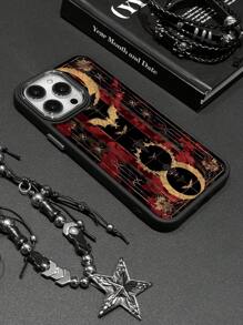 1pc Gothic Style Metal Frame Shock-Resistant Phone Case, Color Blocking Bat & Crescent Moon Floral Print, Compatible With Iphone 7/X/11/12/13/14/15/16/16Pro/16ProMax Series