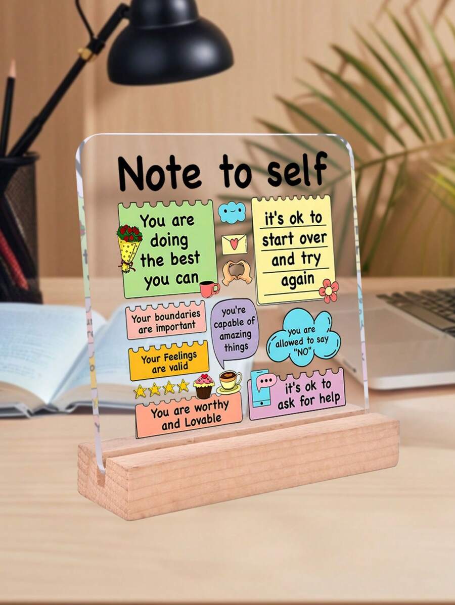 1pc Inspirational Acrylic Desk Plaque Sign With Wooden Racks, Home Desk Bookshelf Multi-Function Decorative Ornaments, Office Desktop Decoration, Desk Motivational Gifts For Family, Colleagues And Friends, Handicraft Decoration,School Supplies,Back To School - Multicolor - View 1