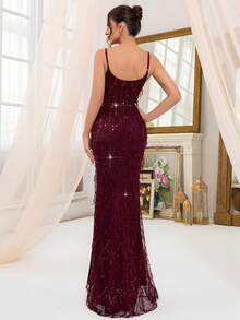 CHOSMO吊带舞会礼服，适合高中圣诞舞会，露背吊带流苏高腰侧开衩亮片长裙，端庄修身晚礼服，约会之夜礼服，优雅正式礼服，女士正式舞会礼服，高开衩飘逸派对礼服，适合情人节、休闲婚礼、春季等场合。 - 酒紅色 - 查看 4