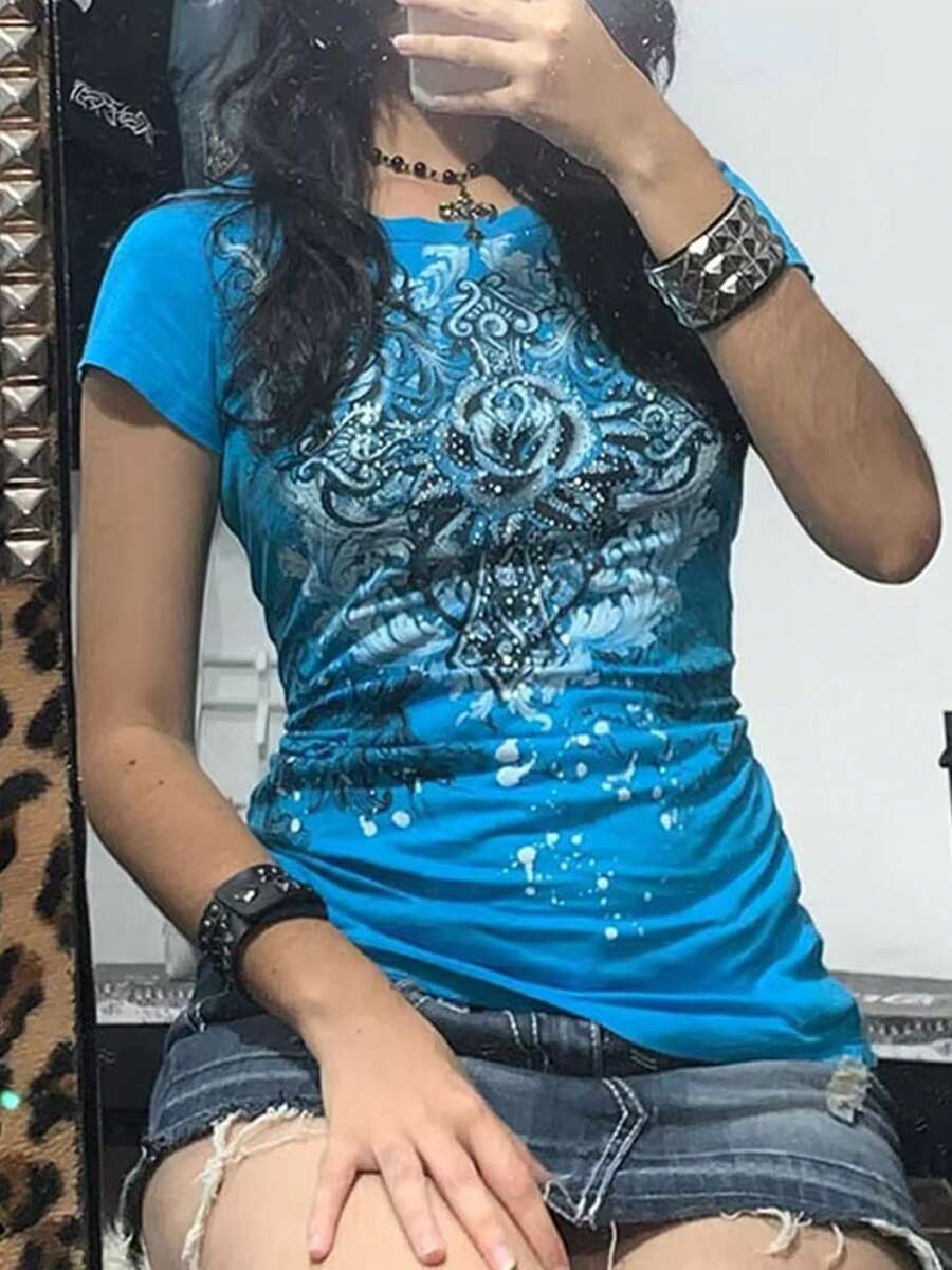 Women Vintage Graphic Print Tee Short Sleeve T-Shirts Y2K Fairy Grunge Round Neck Shirts Summer Gothic Slim Fit Crop Tops 2000s Aesthetic E-Girls Shirt Retro Streetwear - 藍色 - 查看 1