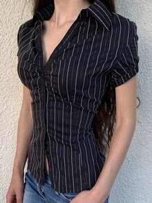 阳光少女夏季女装毕业季学院风 Y2K 条纹印花前扣修身短袖衬衫 - 黑色 - 查看 8