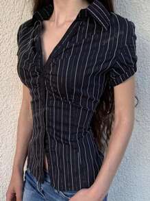 Chemise slim à manches courtes avec boutons devant et imprimé rayé, style collégial Y2K d'été pour femme diplômée